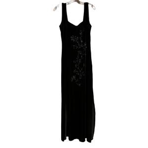 Vintage Womens Dress 12 Black Velvet Jeffrey Dara Long Evening Beaded Side Slits